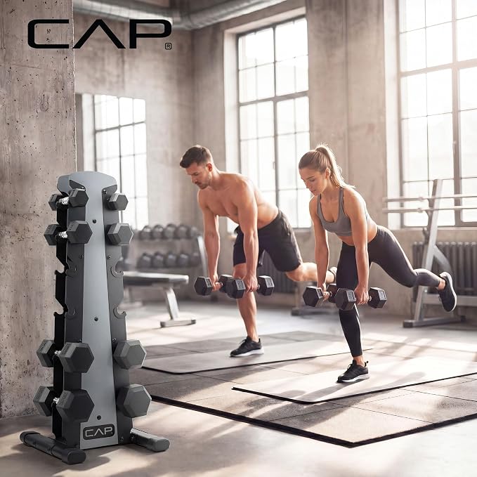 CAP Rubber Coated Hex Dumbbell Set with Storage Rack | 100–210 lb Options, Space-Saving Vertical Compact Storage for Home Gym Strength Training