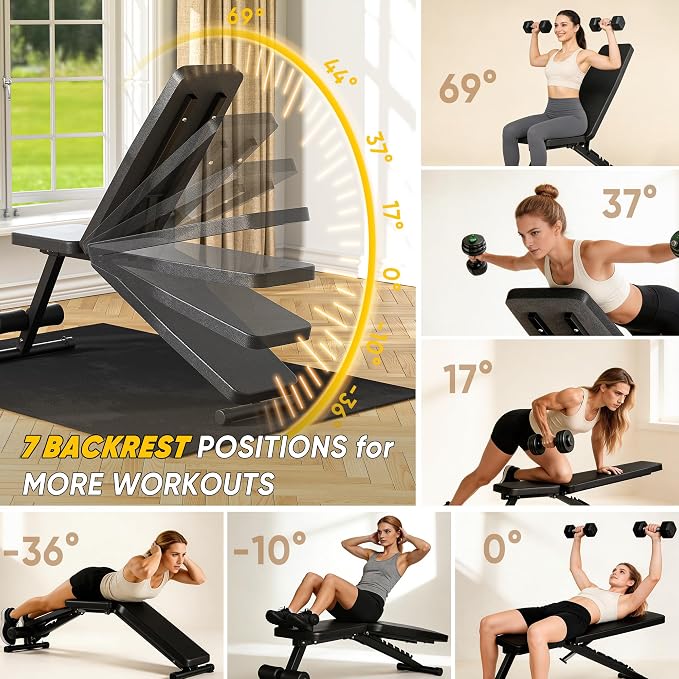 Adjustable Weight Bench for Home Gym, 600LBS Capacity Foldable Workout Bench with 7 Backrest Positions for Full Body Exercise, Compact for Small Spaces, Incline Decline Flat Bench with Quick Adjustment & Easy Folding