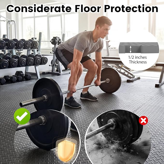 Tangkula 48 Tiles Exercise Flooring with Border, Non-Slip EVA Foam Protective Mats, Elastic Puzzle Play, 1/2" Interlocking Floor for Home Gym, Fitness Room, Workshop Equipment (Gray)