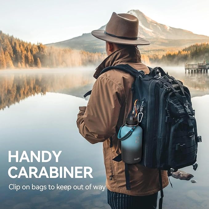 Trebo 64 oz Water Bottle Stainless Steel with 3 Lids, Paracord Handle & Bag | Half Gallon Large Insulated Jug, Triple Wall Vacuum Copper Plated, Dishwasher Safe, Cold 48Hrs for Outdoor, Hiking, Gym