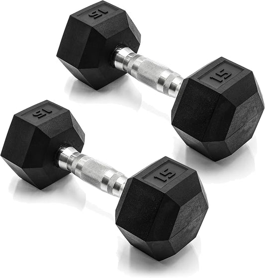 CAP Rubber Coated Dumbbell Weights, Free Weights for Home Gym Strength Training, Anti-Roll Hex Dumbbells with Black, Chrome & Comfort Grip Handles, Pairs & Sets