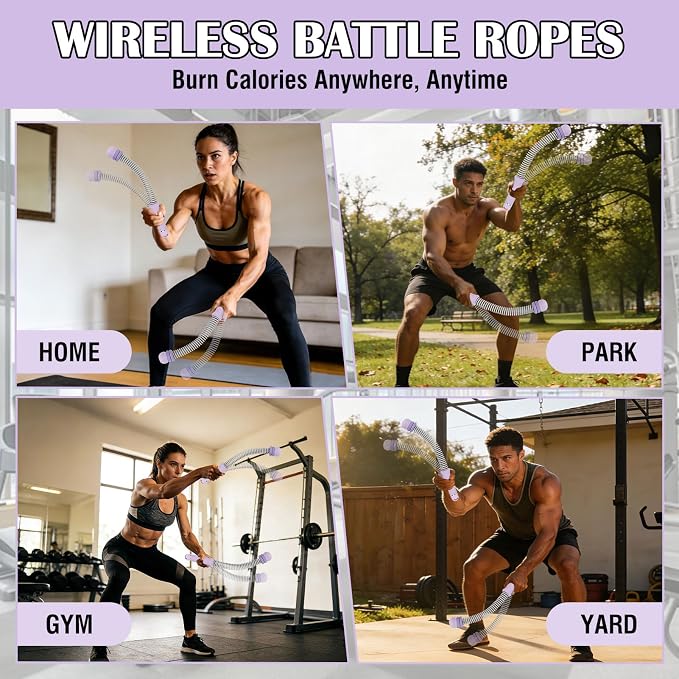 2PCS Portable Ropeless Battle Ropes with Adjustable Weight Rings | Cordless Battle Rope for Home Gym, HIIT Workout, Low-Impact Cardio, Strength Training, Fitness Equipment for Women & Men