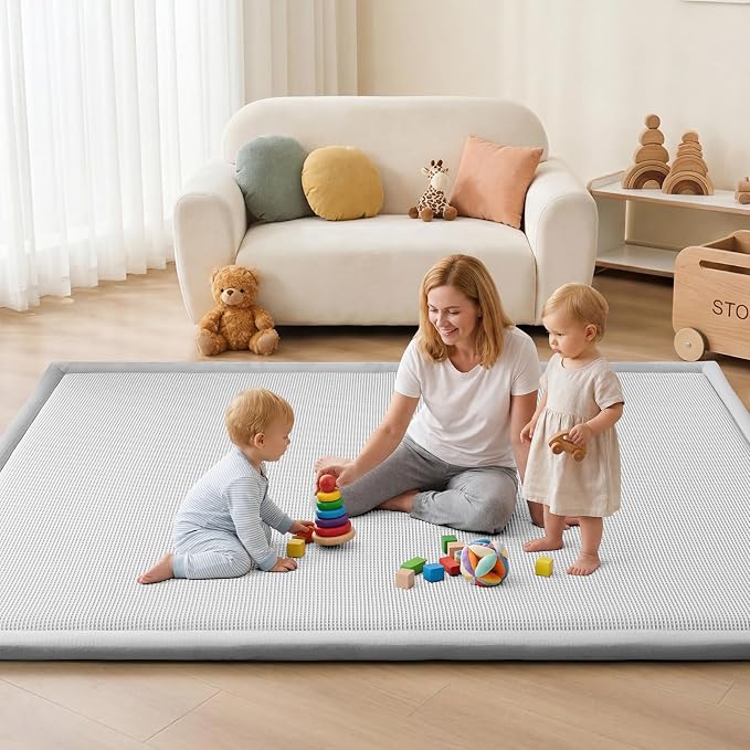 Baby Play Mat for Floor Tummy Time Nursery Rug Muscle Area Rug Playroom Rug 79x110" Elastic Foam 1.3" Thick Crawling Mat for Babies,Toddlers, Infants,Kids(Plaid Light Grey)