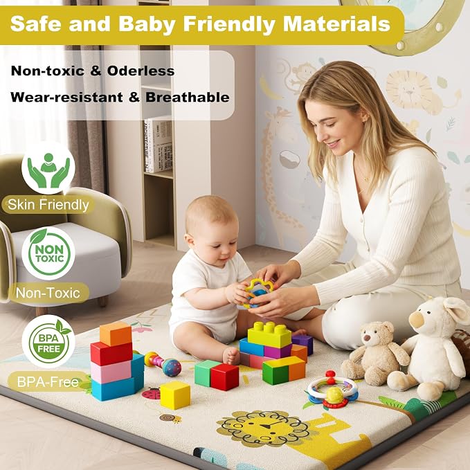 Baby Play Mat for Floor, 1.3" Thick Elasti-Foam Baby Play Mat, 71x59 Playpen Mat for Toddlers Infant kids, Water Repellent Soft Coral Velvet Crawling Mat for Floor, Non-Slip Backing Safe Jungle Safari