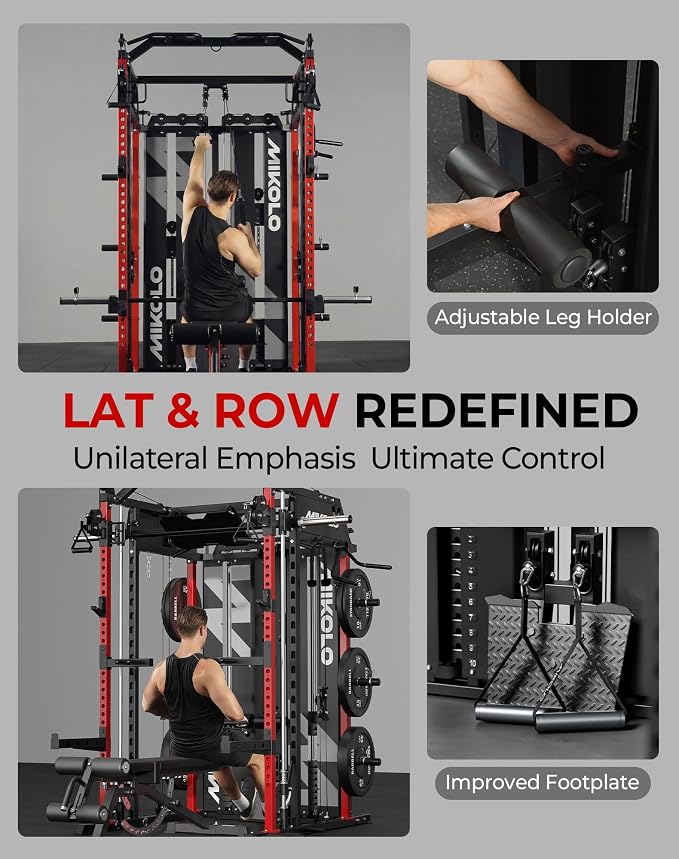 Mikolo Smith Machine with Weight Stack, Power Cage Home Gym System with LAT Pulldown & Cable Crossover, Multi-Functional Trainer with Dual Pulley System, Includes 10+ Free Attachments