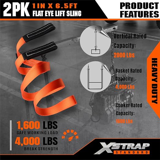 XSTRAP STANDARD 2PK 1"x6.5ft Lifting Sling Straps 2000 lb Vertical Capacity | 1600 lbs Choker / 4000 lbs Basket Capacity, 5:1 Safety Factor Polyester Web Slings for Rigging, Hoist, Tree Stump Removal