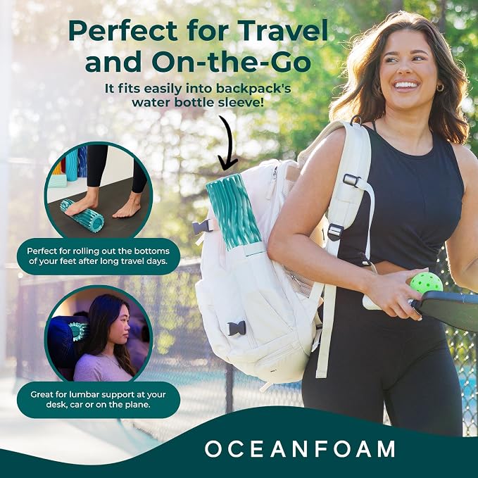 Oceanfoam Ripple Travel Foam Roller (11" x 3.35") Firm Mini Foam Roller for Physical Therapy, Deep Tissue Massage, Back Pain - High Density, Wave Textured - Yoga, Exercise (Jade & Seafoam Marbled)