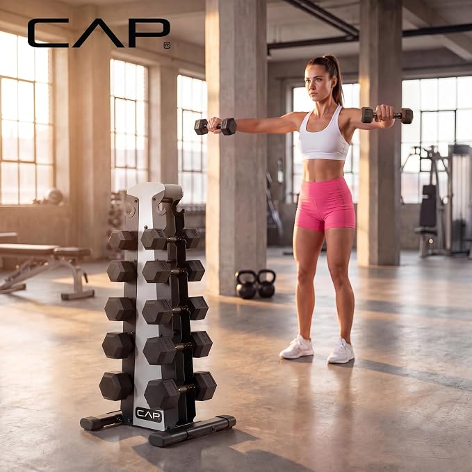 CAP Rubber Coated Hex Dumbbell Set with Storage Rack | 100–210 lb Options, Space-Saving Vertical Compact Storage for Home Gym Strength Training