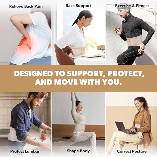 Slim Fit Lower Back Brace – Ultra-Thin Ergonomic H-Shaped Resin Support, Seamless Design for Strong & Comfortable Lumbar Support, Lightweight & Discreet Back Brace (Beige, Large)