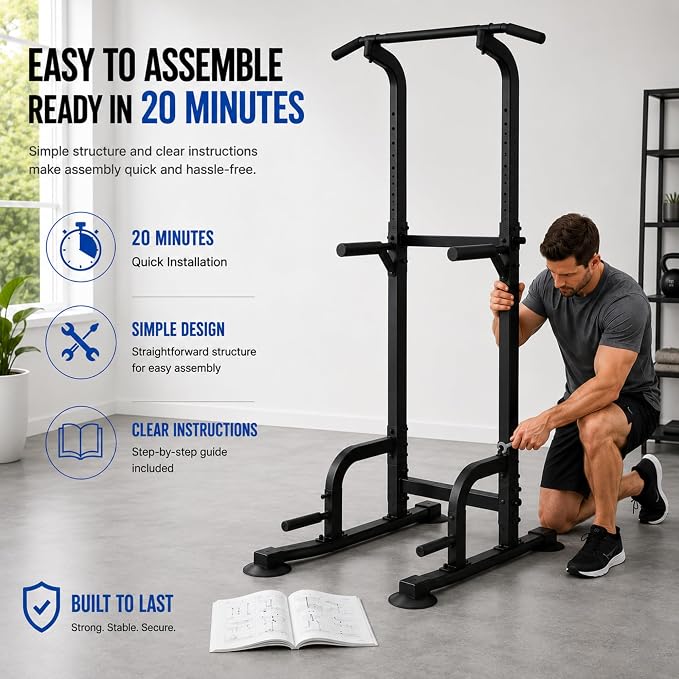 BARWING Pull Up Bar Station, Power Tower, Dip Station with 3D Backrest, Multi-Function Strength Training Stand Rack, Adjustable Height Dip Bar for Home Gym Workout Stand Fitness Exercise Equipment