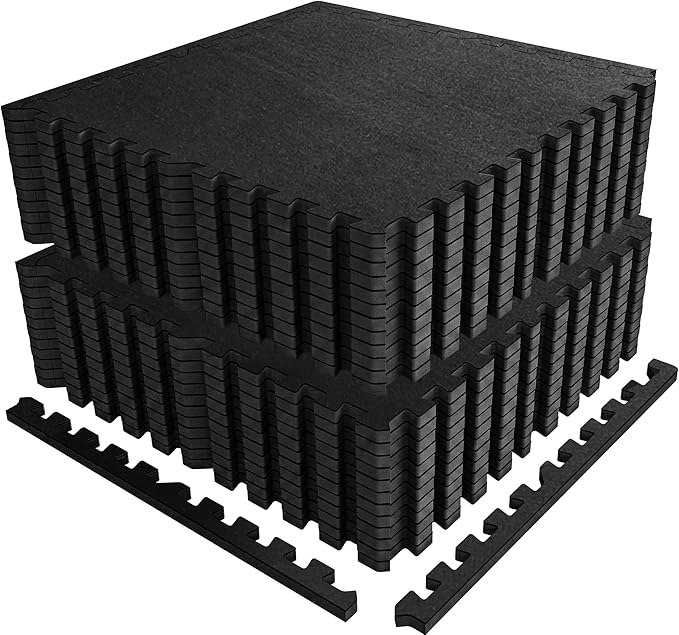 PRAISUN 0.56" Rubber Top Gym Flooring, Heavy Duty Interlocking Gym Mats for Home Gym, Non-Slip Workout Mat, 24 x 24in Large Gym Floor Mat, Protect Floors from Weights & Equipment, 96 Sq Ft, Pure Black