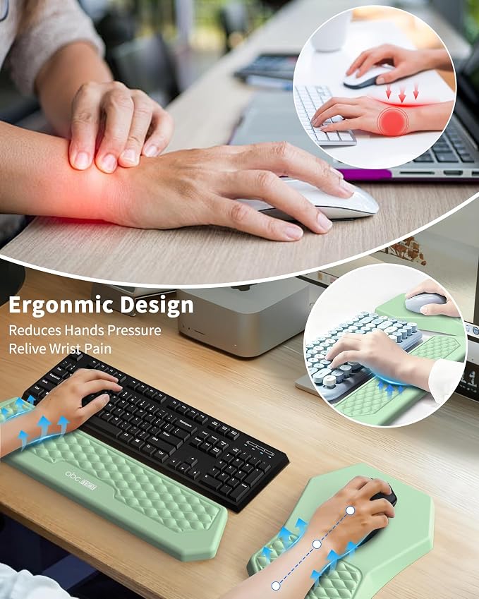 Ergonomic Mouse Pad Wrist Rest and Keyboard Wrist Rest Support Set | Massage Design Mousepad for Carpal Tunnel Pain Relief, Memory Foam, Non-Slip PU Base for Computer Desk, Green