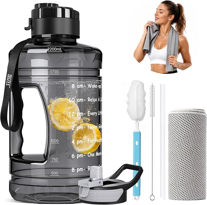 Large Water Bottle with Motivational Time Marker & Straw & Handle,2 Lids | BPA Free,Gallon Water Jug, Half Gallon water Bottle for Sport Gym Camping Workout Outdoors Yoga (Clear Black)