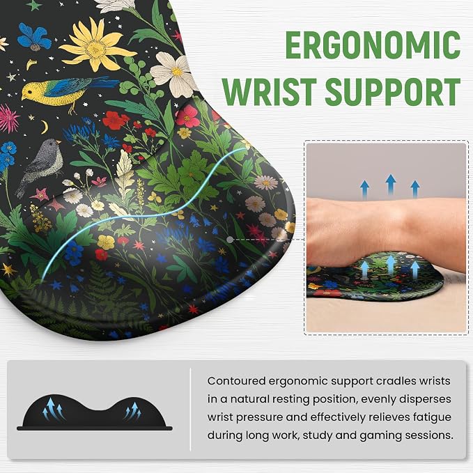 Ergonomic Mouse Pad with Wrist Rest, Gel Wrist Support, Garden | 10.2 x 7.6 in Mouse Pad with Smooth Fabric Surface and Non-Slip Rubber Base for Office, Home, Study, and Gaming