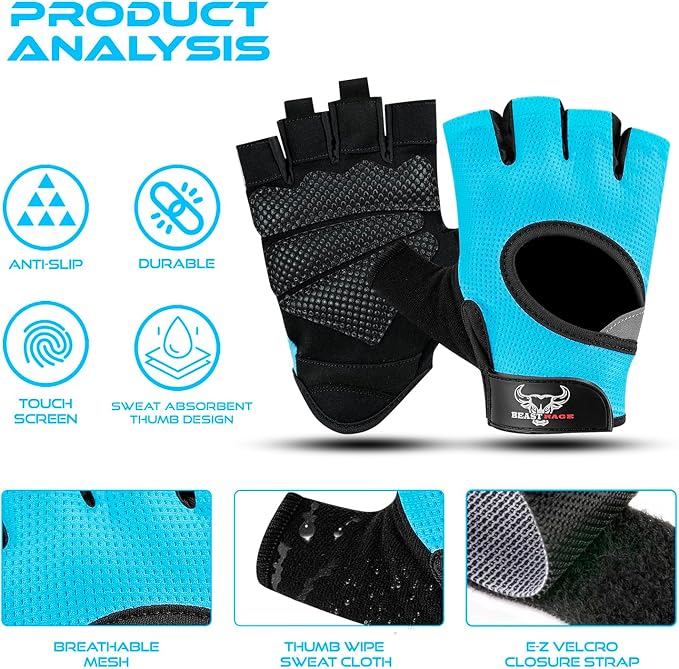 BEAST RAGE Fingerless Weight Lifting Gloves with Palm Protection Padding, Breathable Lightweight Gym Gloves for Men, Women, Weightlifting, Cycling, Exercise, Training Pull Up
