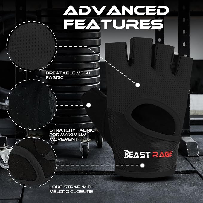 BEAST RAGE Workout Gloves for Men & Women - Fingerless Gym Gloves with Palm Protection, Breathable & Lightweight for Weightlifting, Cycling & Pull Up