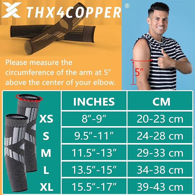 THX4COPPER Arm Sleeve (Pair) – Elastic Compression Arm Brace for Tendonitis, Tennis Elbow, Pain Relief, Unisex