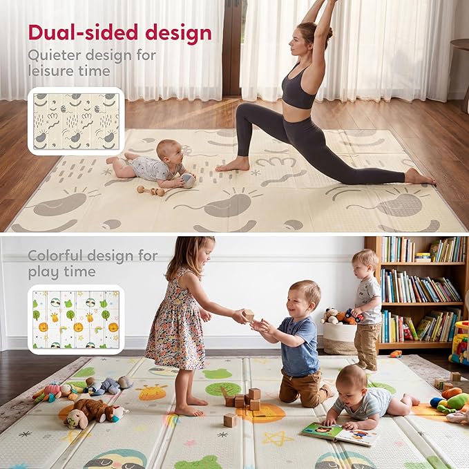 Baby Play Mat – Foldable 78"x51" XPE Foam Baby Floor Play Mat with Fabric Surface, Double-Sided Cute Print, Soft Non-Slip Tummy Time, Play Mat for Babies 0-12 Months, Nursery, Playroom, Living Room