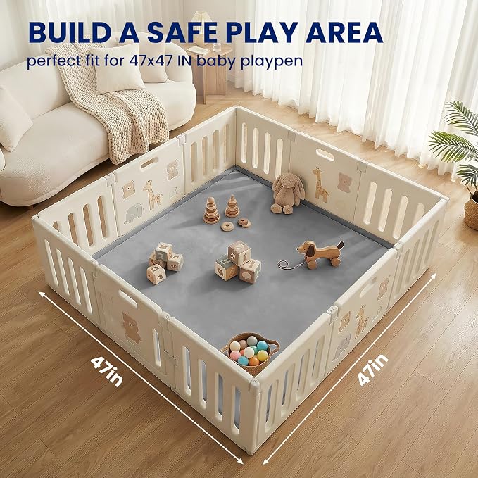 Ultra Soft Baby Play Mat for Floor,1.3" Thick Elasti-Foam 47x47 Play Mat for Playpen,Water-Repellent Coral Velvet for Tummy Time, Non-Slip Backing Safe for Toddlers & Infants(Dark Grey)