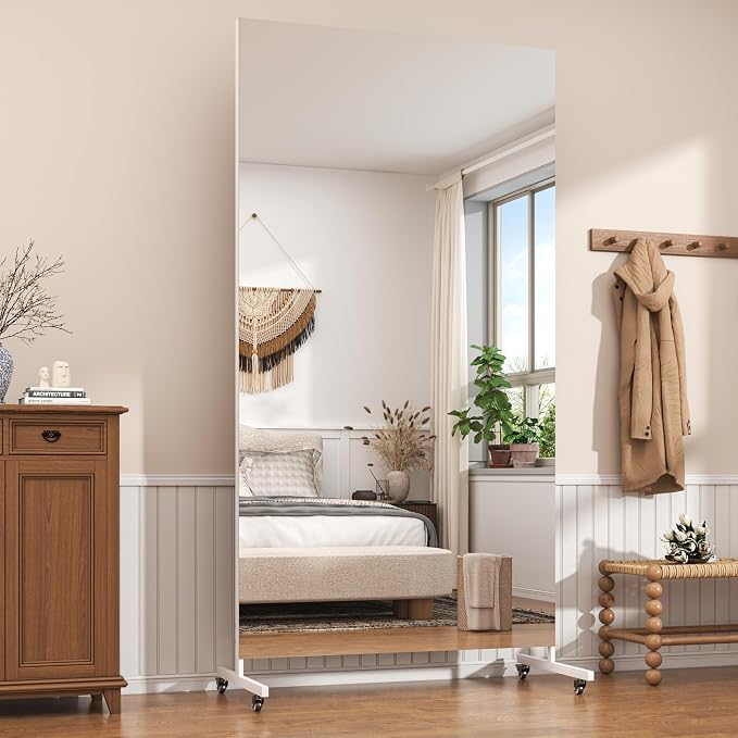 Hasipu 74.8" x 31.4" Full Length Floor Mirror on Wheels, White | Tempered glass, sturdy metal frame, smooth rolling casters, removable stand, ideal for gym, bedroom, dance studio & yoga.