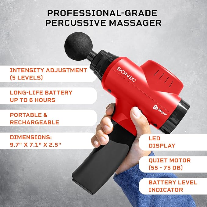 LifePro Sonic Massage Gun Percussion Muscle Massager, 8 Heads & 5 Speeds | Up to 6-Hr Runtime, Deep Tissue Massage Gun for Neck, Back, Calves, Quads, Feet, Trigger Points & Recovery Support