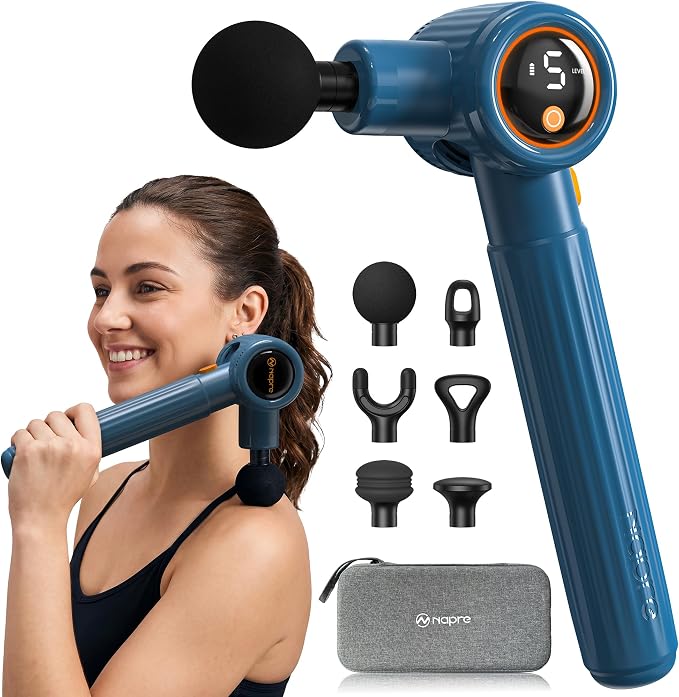 NAPRE Massage Gun with Extension Handle,Massage Gun Deep Tissue | Handheld Percussion Muscle Massager for Back Neck Pain Relief,3 Adjustable Angles,5 Speeds,6 Heads,Case,Blue