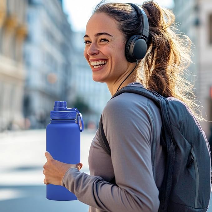 32 oz Insulated Metal Mens Water Bottle | Blue, Stainless Steel, 1 Liter, Leakproof, 2 Lids, Large Sports Water Bottle for Gym,Hiking