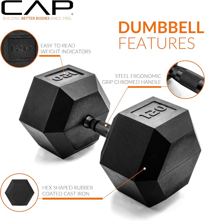 CAP Rubber Coated Dumbbell Weights, Free Weights for Home Gym Strength Training, Anti-Roll Hex Dumbbells with Black, Chrome & Comfort Grip Handles, Singles
