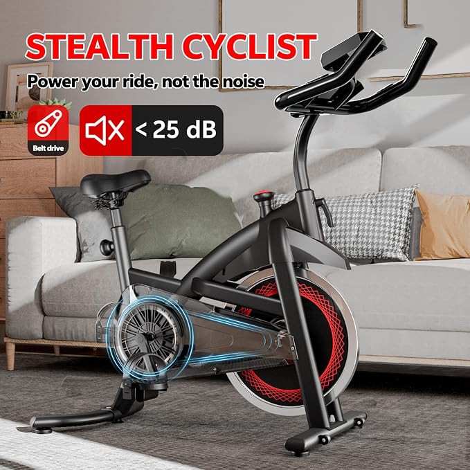 Exercise Bike with Bluetooth, Wool Felt Brake Pad Stationary Bike - 300lb Weight Capacity Quiet Belt Drive Indoor Cycling Bike for Home Cardio, Adjustable Handlebar & Extra Soft Seat, Digital LED Monitor