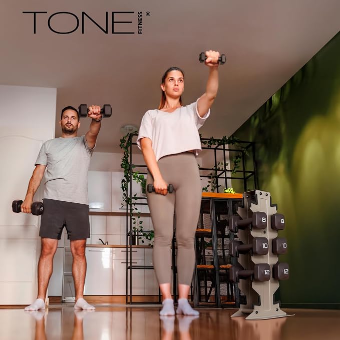 Tone Fitness Neoprene Dumbbell Set with Storage Rack – Non-Slip, Anti-Roll Hand Weights for Home Gym Workouts | 20 lb, 32 lb, 50 lb, 60 lb & 100 lb Options