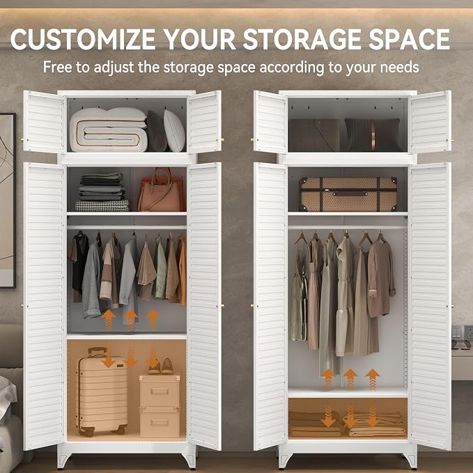 Polup 86" Tall Metal Armoire Wardrobe Closet for Hanging Clothes | White Heavy Duty Steel 4-Door Clothing Storage Cabinet with Adjustable Shelves, Rod, for Bedroom, Office (Ships in 2 Boxes)