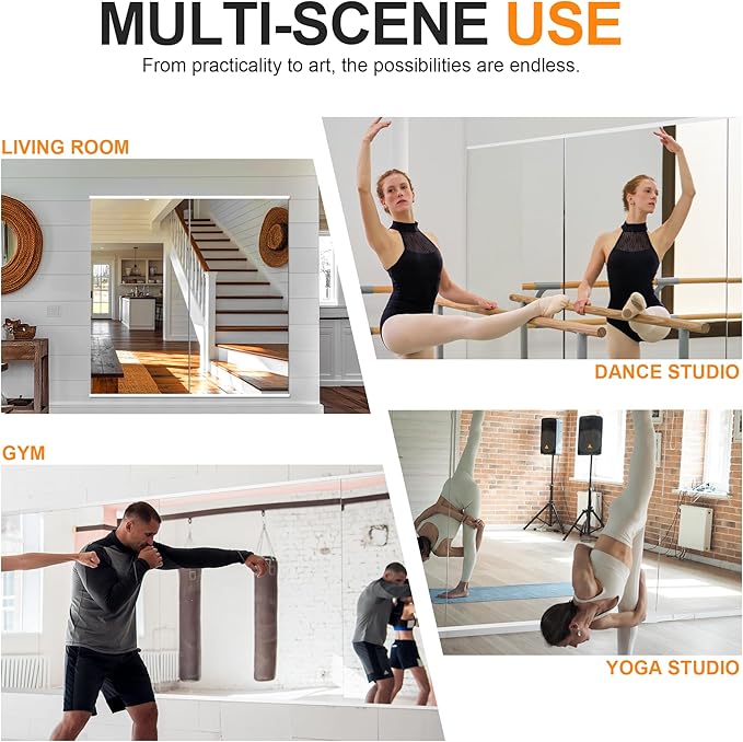 Delma Home Gym Mirror,48''x24''x2PCS White,Large Full Body Tempered Glass Frameless, Wall-Mounted for Gym, Yoga, Garage, Bedroom, Bathroom