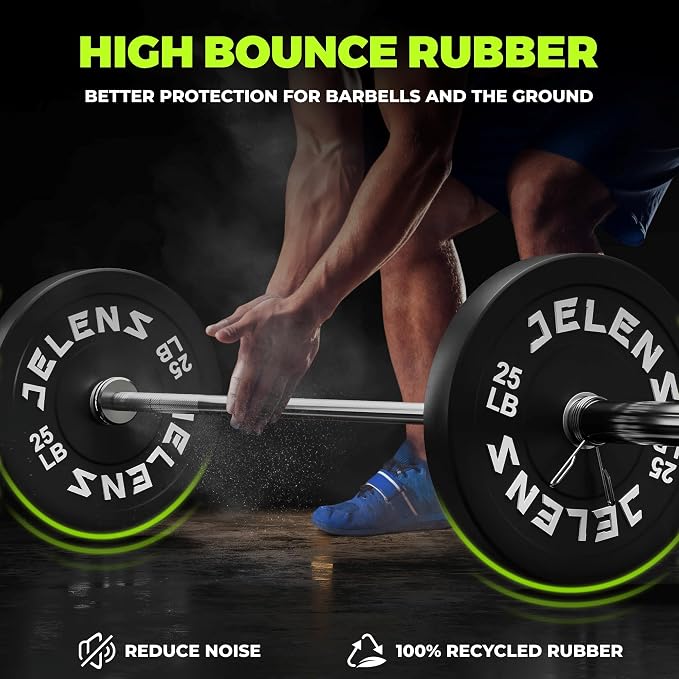 JELENS Olympic Barbell Weight Plates Set, 2-Inch Black/Colored Rubber Bumper Plate Weight Set for Strength Training and Weightlifting, Multiple Options