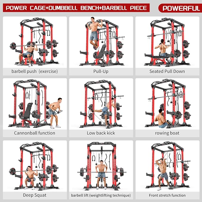 Power Cage Multi-Function Power Rack with Cable Crossover System,1500 LBS Capacity Squat Rack with Weight Bench,for Home Gym