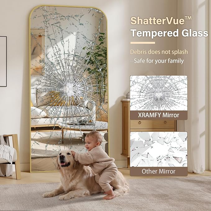 XRAMFY 77x38 Inch Floor Length Mirror with Stand, Full Length Standing Mirror for Bedroom, Full Body Tall Mirrors with Modern Aluminum Alloy Frame in Gold, Home Decor
