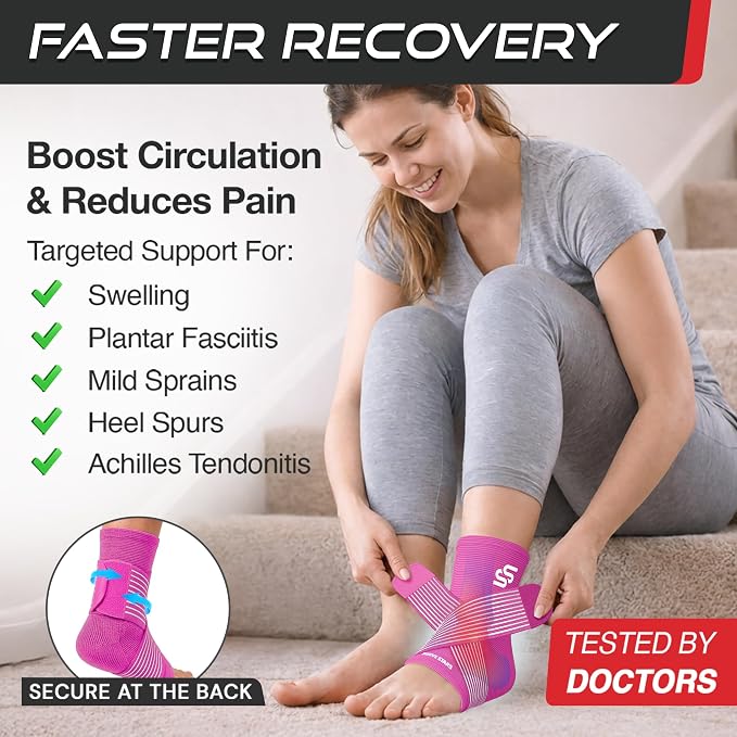 Sleeve Stars Ankle Brace for Women & Men, Ankle Wrap for Sprain, Compression Sleeve for Plantar Fasciitis Relief, Easy Customizable Support: w/ Removable Strap (Single/M:10"-12"/Hot Pink)