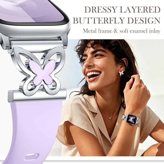 Lerobo Slim Silicone Band Compatible with Apple Watch Bands for Women | Dressy Metal Butterfly 16mm Thin Strap for iWatch Series 11 10 9 8 7 6 5 4 SE Ultra 38mm 40mm 41mm 42mm 44mm 45mm 46mm 49mm