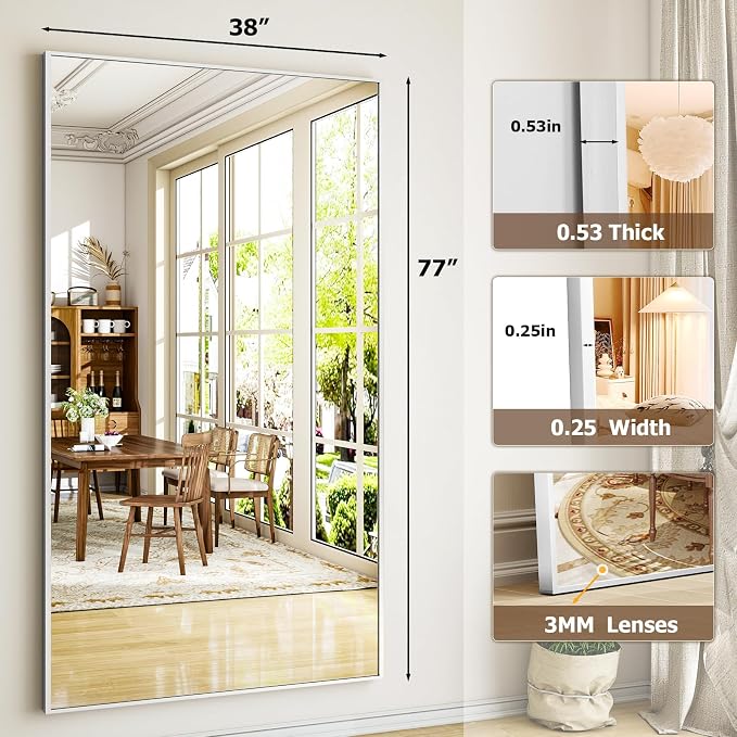Easly Full Length Mirror with Stand - 38"x77" Full Body Mirror, Floor or Wall, Aluminum Alloy Frame for Living Room, Bedroom, Cloakroom - Silver