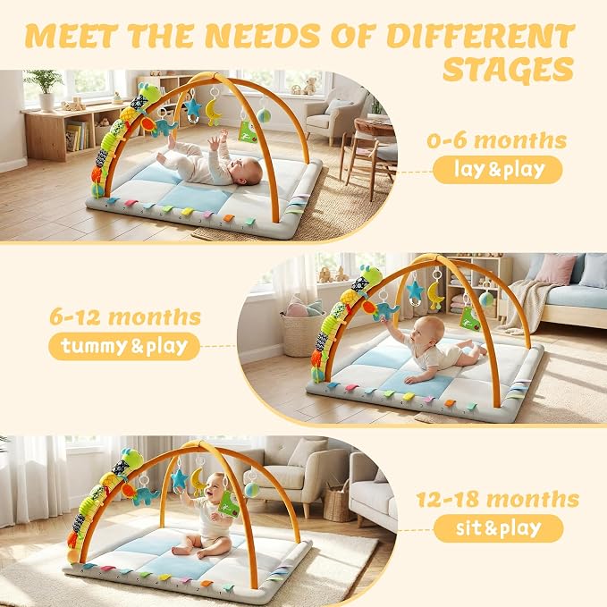 Baby Play Gym & Activity Mat, Baby Tummy time mat w 6 Detachable Toys, Promote Motor Skills & Sensory Development Mat, Newborn Infant Baby Essentials Gift.