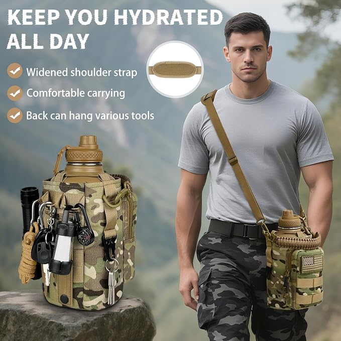 DEFUNX Half Gallon Water Bottle Insulated with Sleeve - Tactical 64 oz Stainless Steel Water Jug with MOLLE Water Bottle Pouch, Gym Water Bottles for Men Hiking Workout (CP Camo)