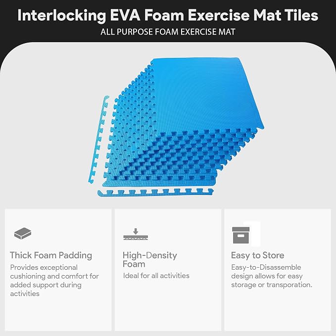 BalanceFrom Puzzle Exercise Mat 1" Thick, EVA Interlocking Foam Floor | Tiles for Home Gym, Mat for Home Workout Equipment, Floor Padding for Kids, Blue, 24 in x 24 in x 1 in, 72 Sq Ft - 18 Tiles