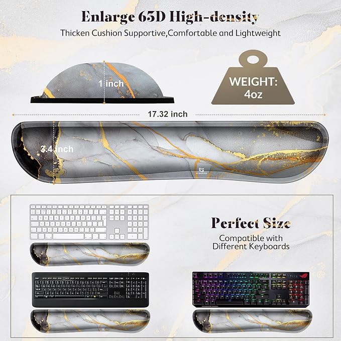 Gimars 17.3'' Extended Keyboard Wrist Rest Pad with 63D High-Density, Firm Memory Foam, Anti-Slip Rubber Base and Ergonomic Design for Typing Pain Relief,Office,Gaming, Computer, Laptop,Grey Golden