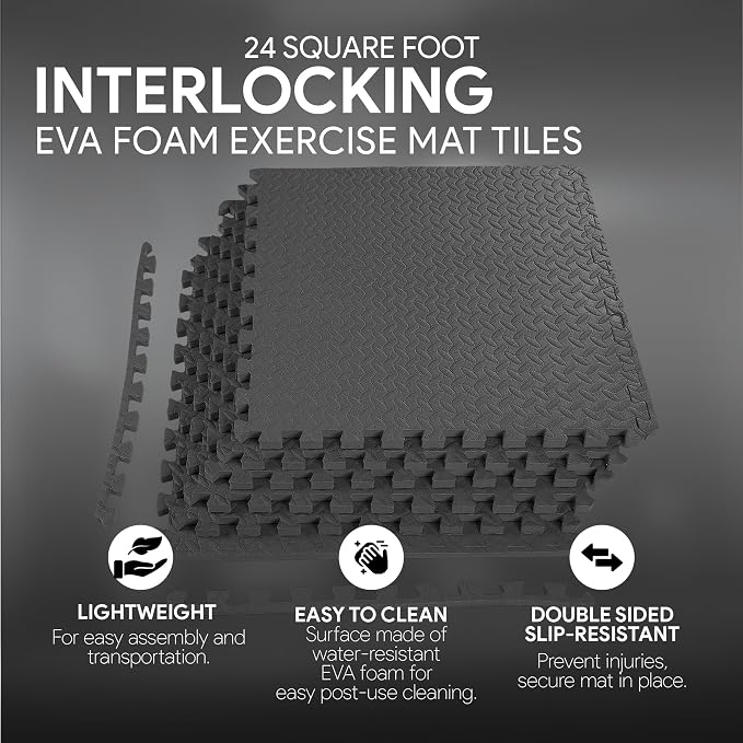 BalanceFrom Puzzle Exercise Mat 3/4" Thick, EVA Interlocking Foam Floor Tiles for Home Gym, Mat for Home Workout Equipment, Floor Padding for Kids, Black, 24 in x 24 in x 3/4 in, 24 Sq Ft - 6 Tiles | 7.5-10 Ft Adjustable Height - Indoor and Outdoor Hoo...