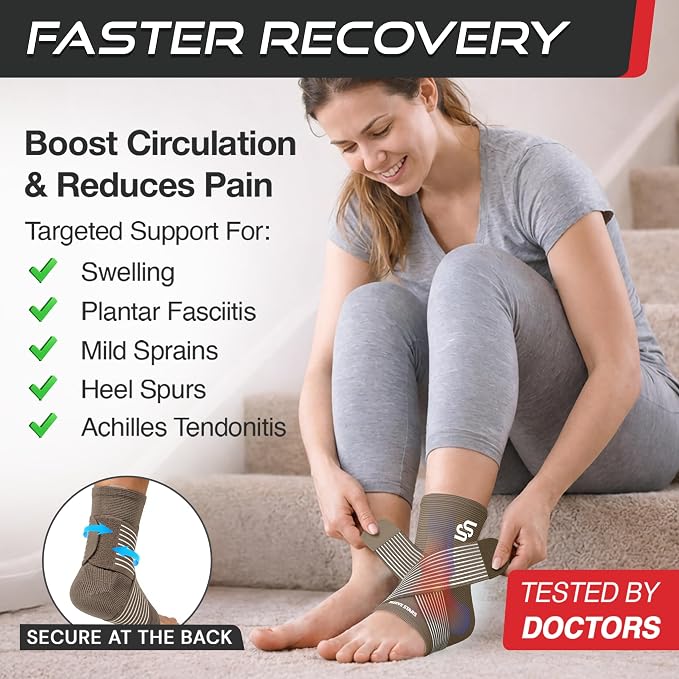 Sleeve Stars Ankle Brace for Women & Men, Ankle Wrap for Sprain, Compression Sleeve for Plantar Fasciitis Relief, Easy Customizable Support: w/ Removable Strap (Single/M:10"-12"/Mocha Brown)