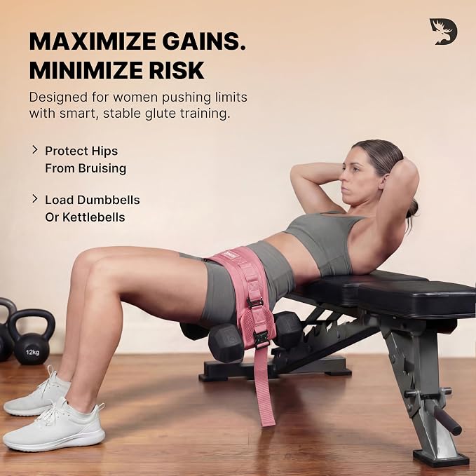 DMoose Fitness Hip Thrust Belt - Dual-Strap Glute Builder for Dumbbells, Plates, Kettlebells (Supports up to 700 lbs) - Comfortable Padded Booty Belt for Home & Gym