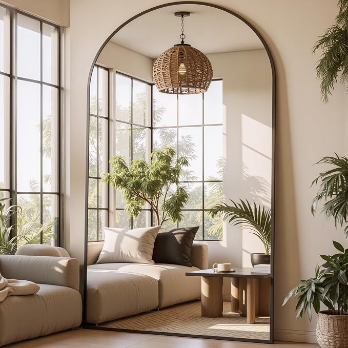 Floor Mirror, 86"x46" Oversized Full Length Mirror with Stand, Arched Full Body Mirror Standing Hanging Leaning Against Wall, Aluminum Frame Giant Mirrors for Bedroom Cloakroom, Black