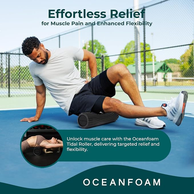 Oceanfoam Tidal Roller - Black - Muscle Massage Foam Roller for Back Pain & Stretching - Firm and Ergonomic Wide Wave Textured - Yoga, Athletics, & Wellness - Full Size, 20" x 5"