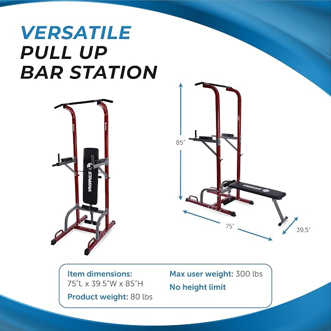 Stamina Full Body Power Tower 735 - Dip Bar with Built-in Bench and Rack - Pull Up Bar Station with Smart Workout App - Dip Bars for Home Workout - Up to 300 lbs Weight Capacity | Dip Bar with Built-in Bench and Rack; Pull Up Bar Station with Smart Wor...