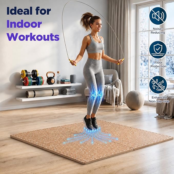 96 Sq Ft Rubber Top Gym Flooring for Home Gym, Wood Grain | 24 Tiles, High Density EVA Foam, Waterproof & Non-Slip Rubber, 0.4" Interlocking Puzzle Mats, Floor Protection, 24"x24"
