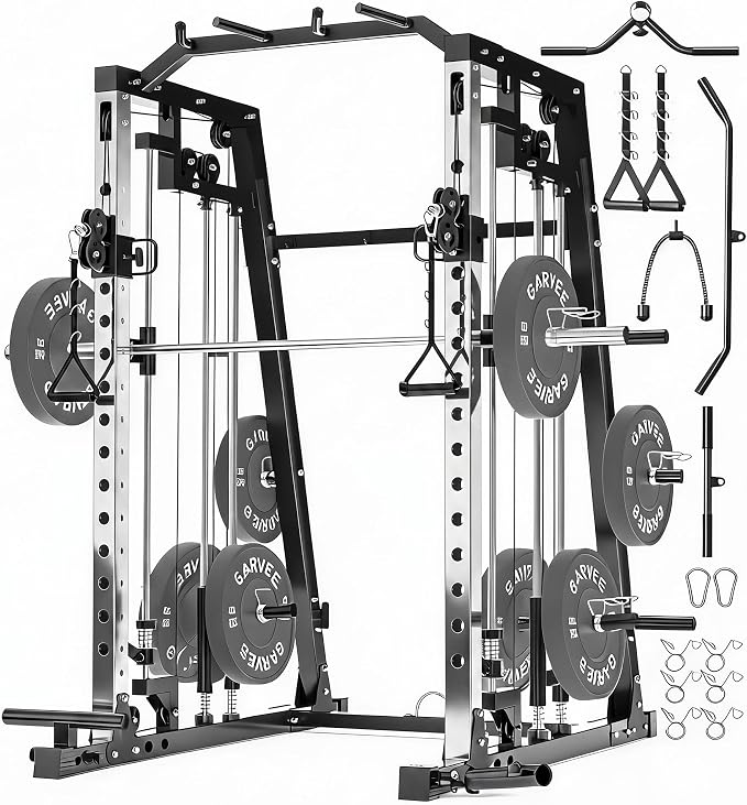 Smith Machine Home Gym – 2200LBS Multi-Function Squat Rack with Smith Bar | Power Cage,LAT Pulldown,Cable Crossover System,Dual Pulley Station,360° Landmine, Heavy Duty Full Body Workout Equipment